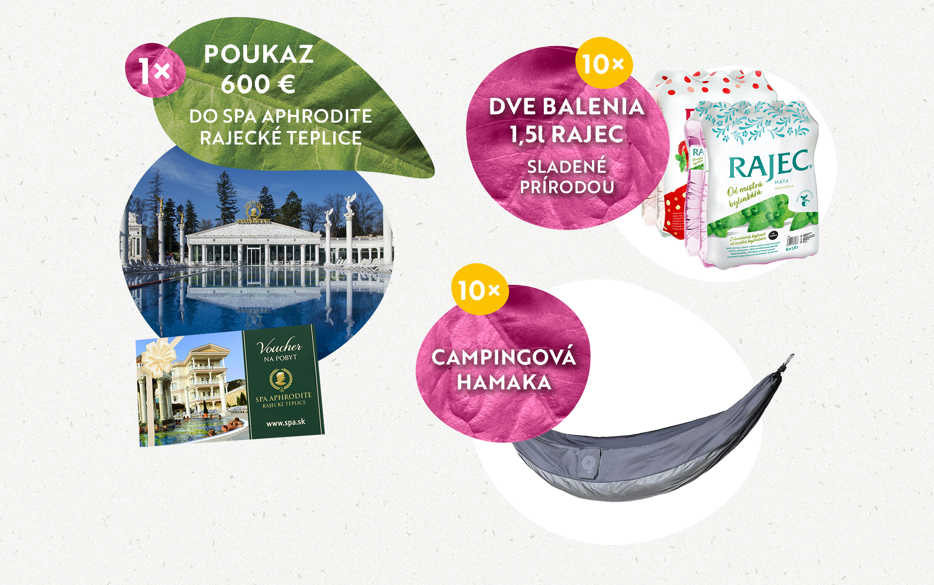 výhry v Súťaži RAJEC. Pukaz 600Eur do SPA aphrodite, 10x Hamaka, 10x 2 balenia 1,5l Rajec